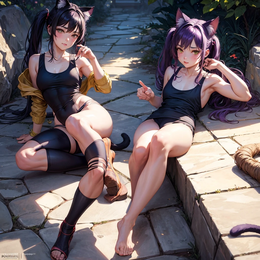 Cat ear, alone, Jeremy Lipking, William Bouguereau, (Alphonse Mucha:0.5), By d-art , SFW Purple Hair Girl, Cat ears and tail, Wearing a tank top and racing pants. body type Twin tails Female genitalia is visible Detailed depiction of female genitalia Flat Chest Stern expression Spread your legs