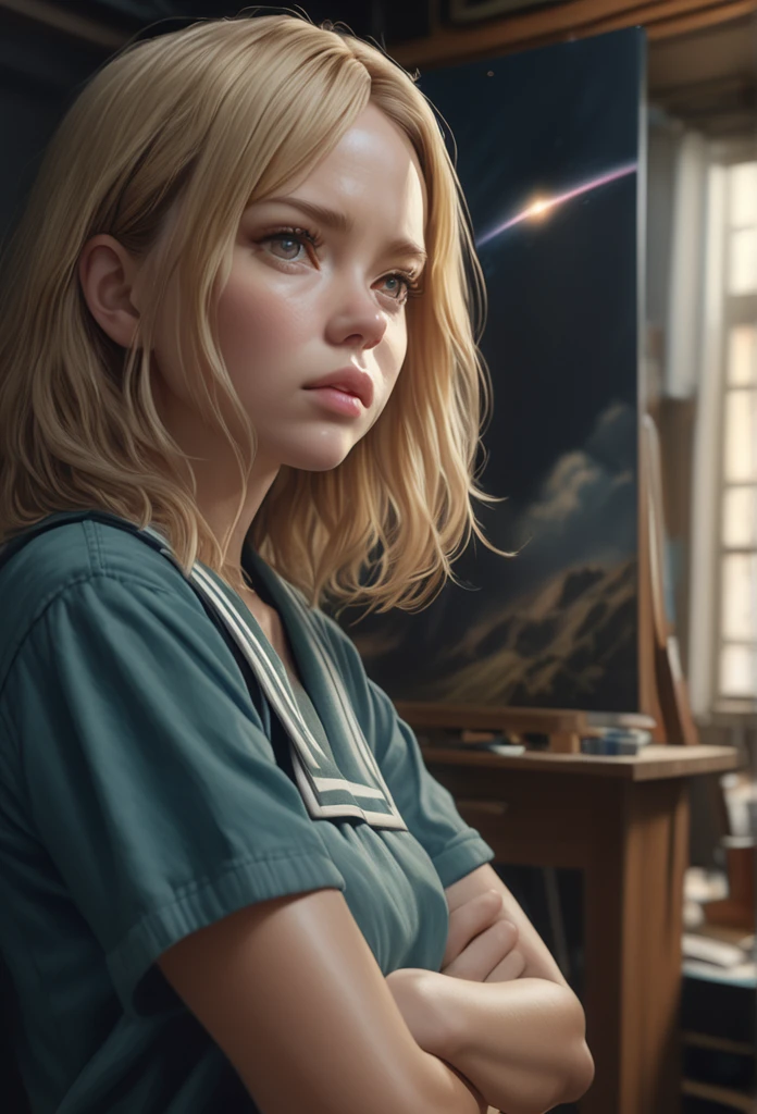 A beautiful girl with smooth blonde hair with dark roots, a blonde bob cut, and slanted, sparkling red eyes drawn in detail, standing confidently with her arms crossed in a dark green traditional sailor suit against a backdrop of space with a shooting star, (best quality,4k,8k,highres,masterpiece:1.2),ultra-detailed,(realistic,photorealistic,photo-realistic:1.37),HDR,UHD,studio lighting,ultra-fine painting,sharp focus,physically-based rendering,extreme detail description,professional,vivid colors,bokeh,portrait