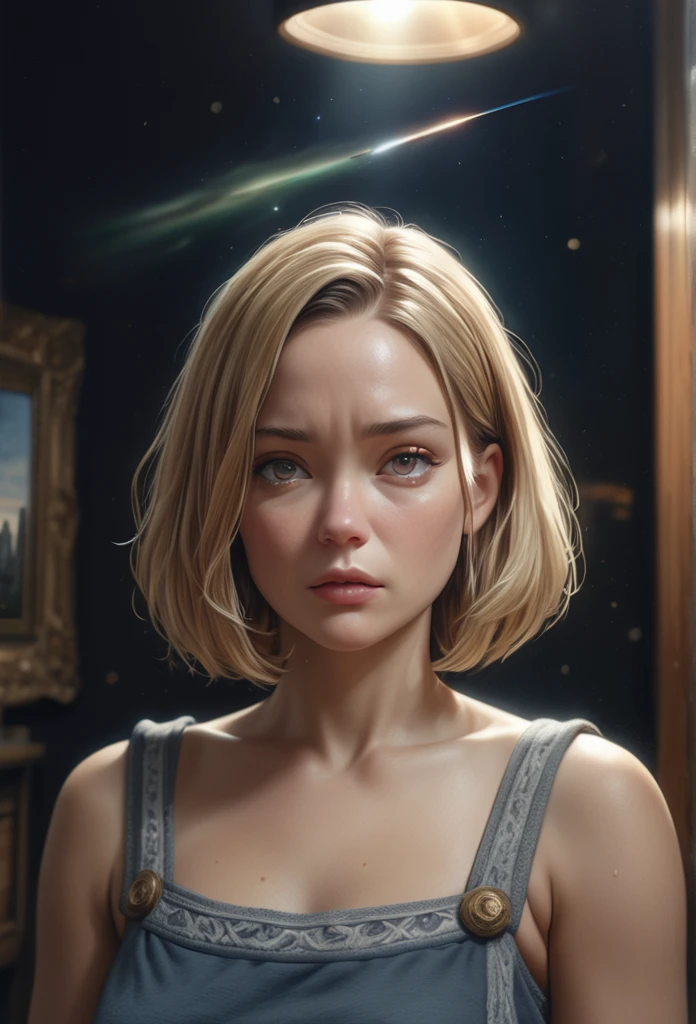 A beautiful girl with smooth blonde hair with dark roots, a blonde bob cut, and slanted, sparkling red eyes drawn in detail, standing confidently with her arms crossed in a dark green traditional sailor suit against a backdrop of space with a shooting star, (best quality,4k,8k,highres,masterpiece:1.2),ultra-detailed,(realistic,photorealistic,photo-realistic:1.37),HDR,UHD,studio lighting,ultra-fine painting,sharp focus,physically-based rendering,extreme detail description,professional,vivid colors,bokeh,portrait