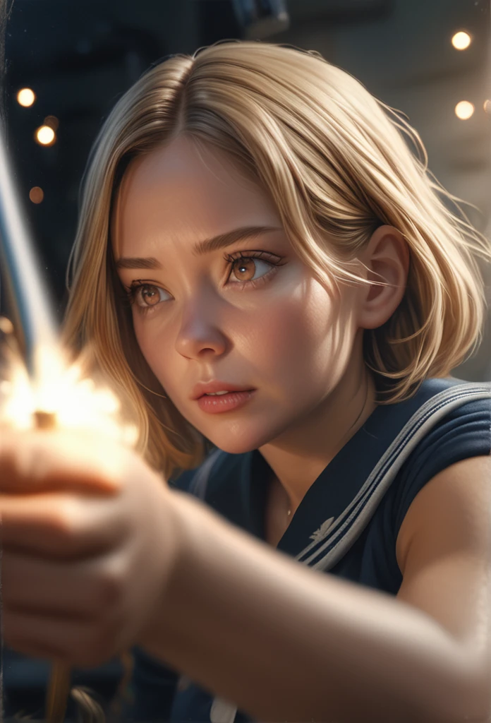 A beautiful girl with smooth blonde hair with dark roots, a blonde bob cut, and slanted, sparkling red eyes drawn in detail, standing confidently with her arms crossed in a dark green traditional sailor suit against a backdrop of space with a shooting star, (best quality,4k,8k,highres,masterpiece:1.2),ultra-detailed,(realistic,photorealistic,photo-realistic:1.37),HDR,UHD,studio lighting,ultra-fine painting,sharp focus,physically-based rendering,extreme detail description,professional,vivid colors,bokeh,portrait