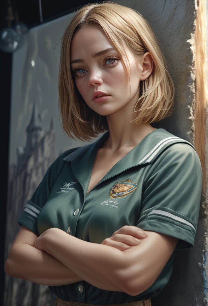 A beautiful girl with smooth blonde hair with dark roots, a blonde bob cut, and slanted, sparkling red eyes drawn in detail, standing confidently with her arms crossed in a dark green traditional sailor suit against a backdrop of space with a shooting star, (best quality,4k,8k,highres,masterpiece:1.2),ultra-detailed,(realistic,photorealistic,photo-realistic:1.37),HDR,UHD,studio lighting,ultra-fine painting,sharp focus,physically-based rendering,extreme detail description,professional,vivid colors,bokeh,portrait
