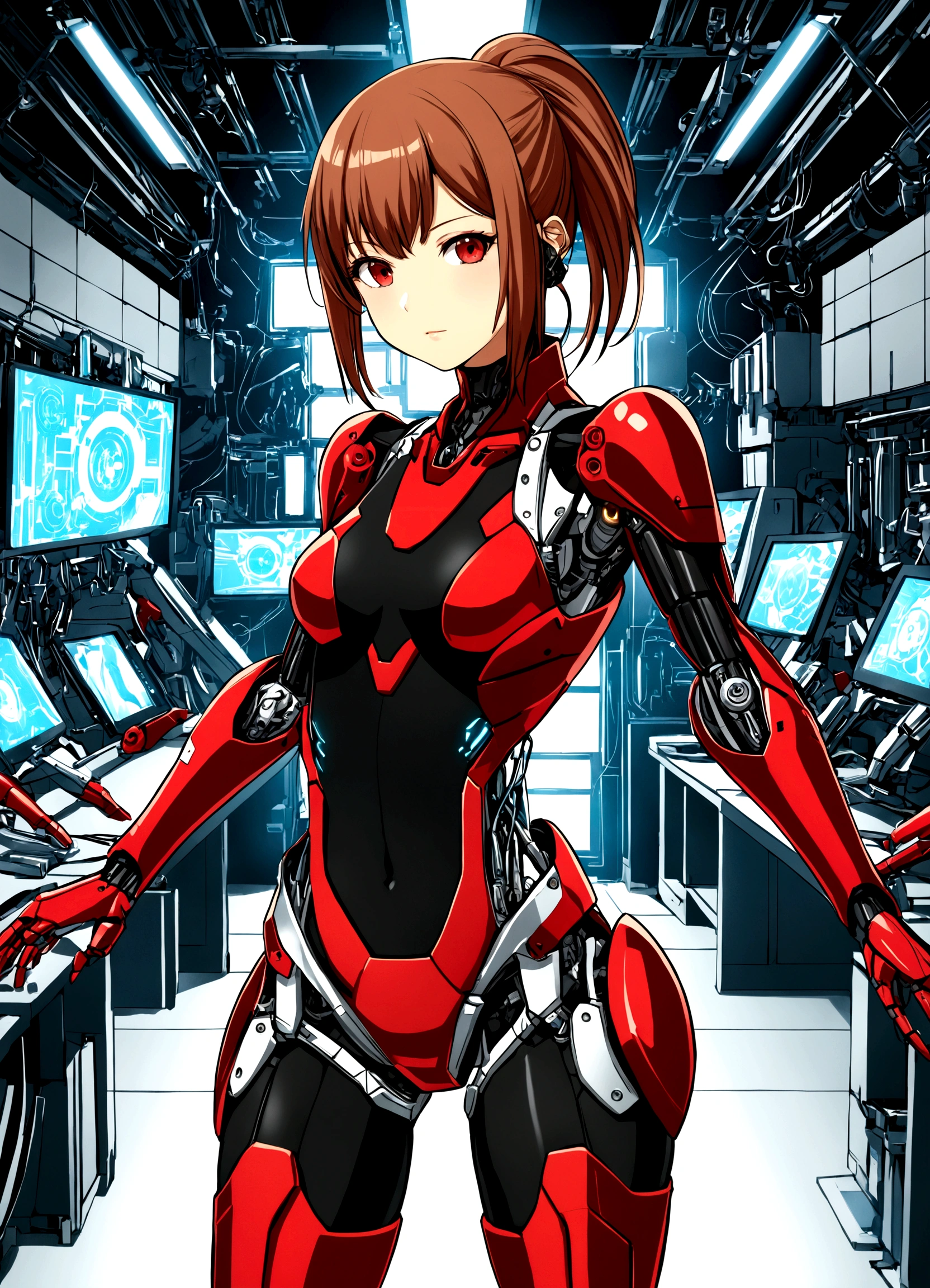 “A detailed illustration of Honami, a cyborg ninja girl, being disassembled and repaired in a high-tech workshop. She has brown straight hair with bangs and is wearing a tight, modernized ninja outfit predominantly red with metallic accents. Her entire body, except for her face and chin, is metallic and mechanized with visible red cybernetic enhancements. Honami’s human face shows a calm expression as advanced tools and robotic arms work on her cybernetic parts. The background is a futuristic workshop filled with high-tech equipment, tools, and holographic displays. The scene is drawn in a manga style with bold lines and detailed shading, emphasizing the contrast between her human and cyborg elements.”