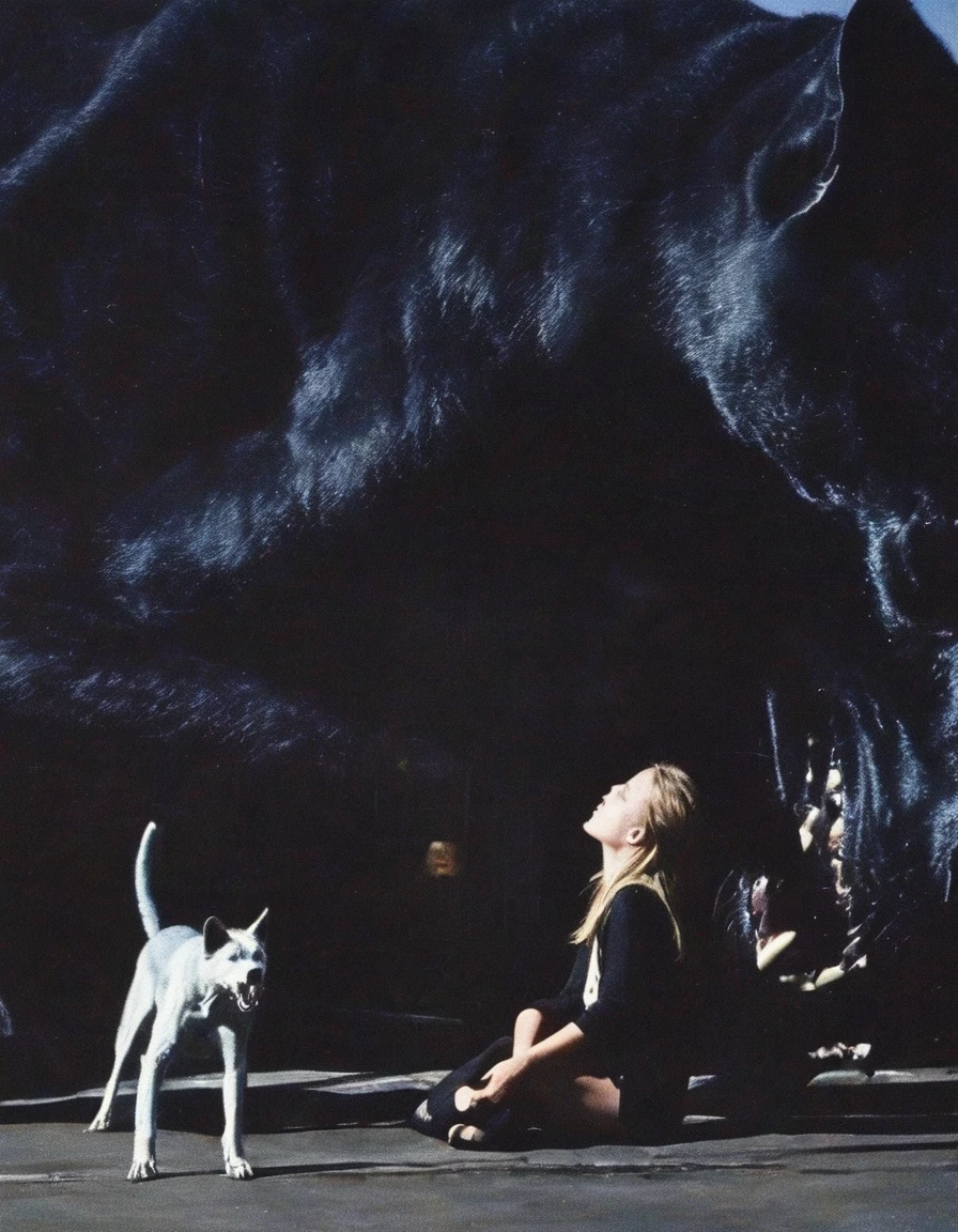 girl sits near giant black panther on new york street at night