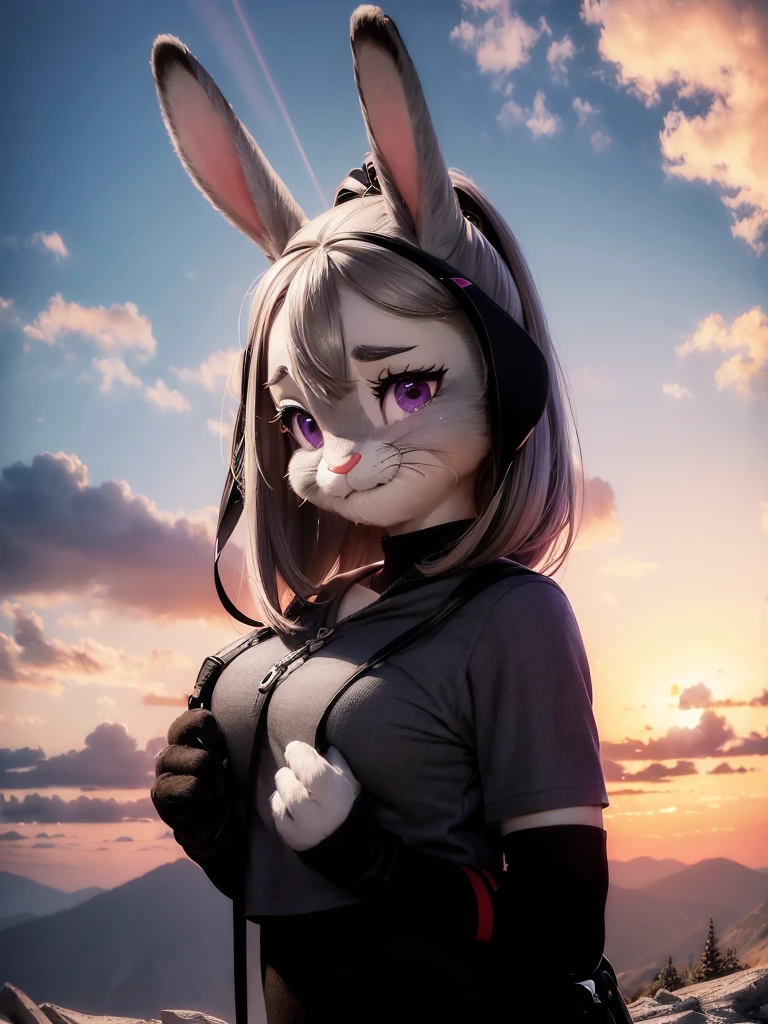 Highest quality,
masterpiece,
Ultra-realistic,
Super detailed,
Beautiful details,
4K，8K，upper,
pixar,
Photo realistic,
Close-Up Shot,
Background is ((Magnificent mountain)), ((at dusk)),
Realistic lighting,
hiking woman, 

((Anthropomorphic rabbit)),
Detailed animals,
Complex patterns,
(Furry:1.35),
(All skin is grey:1.3),
(The body is fluffy and bushy:1.3),
Realistic fur,

Human hand,

(Judy Hopps face:1.35),
((ponytail hair)),
((side part bangs)), bangs,
((dark gray hair color)),
Purple eyes,
{Eye highlights, Clear eyes, Eyes sparkling, Large, round pupils},
Detailed Iris, 
(Eyebrows raised:1.2),
(Crescent eyebrows:1.3),
(Bunny ears:1.3), ((shy face)),
(((She is so happy she feel like crying))), 
raised corners of mouth,

The woman is wearing T-shirt over the check shirt and shorts,
((White T-shirt)) BREAK ((gingham check shirt)) BREAK ((wine red Trekking Shorts)),
carry a backpack, rucksack,

(alone:1.5),
(1 Female:1.5),
Only 1 character,
Perfect Anatomy,

Lighting behind,
Lighting back,
sunset light, 
Intricate details, 
Ray Tracing, 
Realistic, 