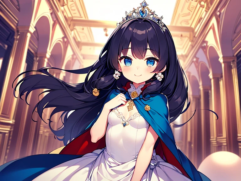 looking at viewer,(kawaii),(best quality),(ultra detailed), upper body,(rococo style),(long train blue cape:1.15), very long cape,(long train white ball gown with flower decorations:1.1), a girl is wearing a cape over her gown, 1 little princess, tiara, smile, very long hair, small breasts