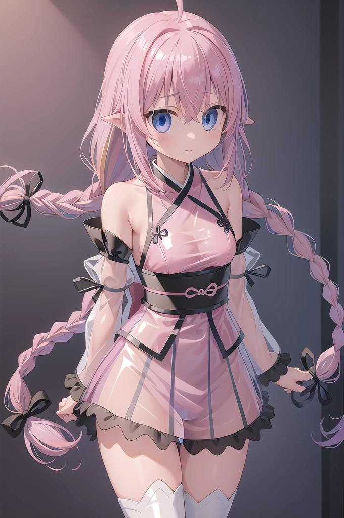 1girl,solo,cowboy shot,(standard height),standing,(blonde hair:1.4),long hair,twin braids,ahoge,hair ribbon,(blue eyes:1.2),(beautiful fingers:1.4),(perfect anatomy:1.4),(arms_behind_back:1.4),(cold_shoulder:1.4),BREAK,(pink silk lace glossy lamé kimono:1.6),(leotard:1.4),(latex luster shiny glossy metallic:1.4),(shiny_clothes:1.4),(medium breasts:1.4),(masterpiece:1.2),best quality,(Ultra high definition eyes:1.2),8k,(Beautiful detailed eyes:1.2),(Fine and beautiful eyes:1.2),(pretty eyes:1.2),finely detail,extremely CG, absurdres,high resolution,illustration,Detailed and beautiful outlines,finely detail,high resolution,(colorful refraction:1.4,Increase saturation:1.2),beautiful lighting,dynamic lighting,closed room,black background,simple background, smile,looking at viewer,roxy, white dress, neck ribbon, black ribbon, brown cape,(white Clear PVC sheets sleeves:1.4),(sheer sleeves:1.4),(see-through sleeves:1.4),(wide sleeves:1.2),(pink thigh boots:1.2)