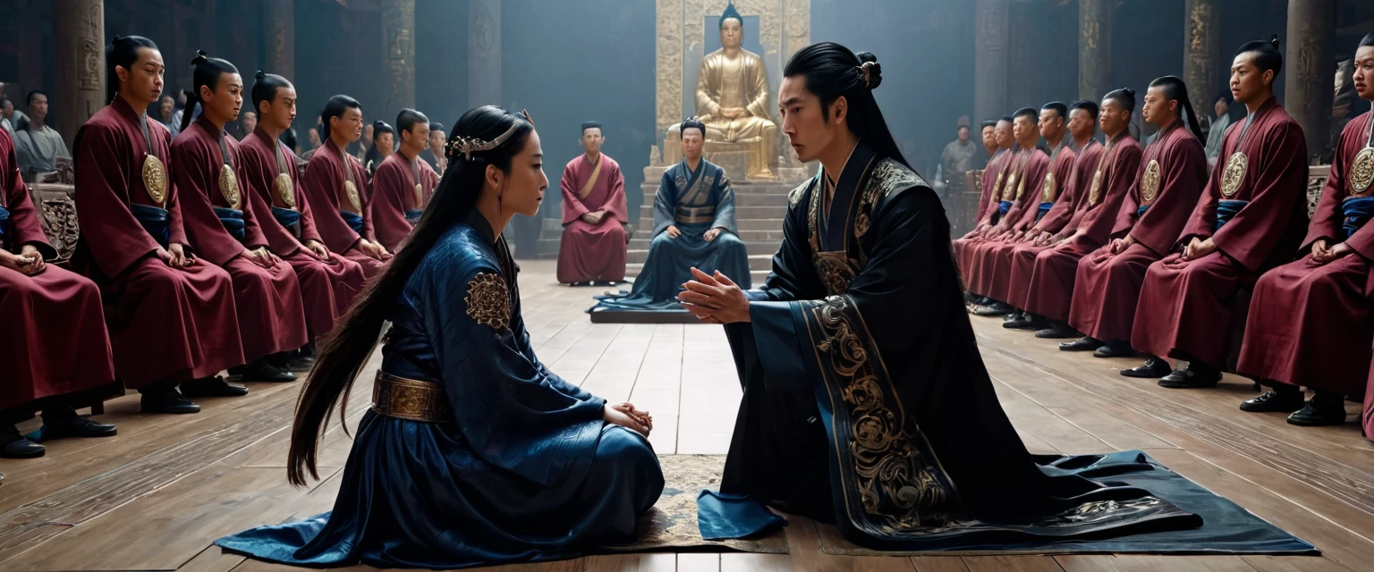 score_9, score_8_up, score_7_up, source_photo, photography, realistic, rating safe, from side, wide shot, viewer is far from her, cinematic angle, ultra detailed, absurdity, 1girl, Wu Zetian, sitting on Throne, hands on knees, looking at boys, long hair, black hair, multiple boys, The ceremony of kneeling three times and prostrating nine times, masterpiece, 8K, 