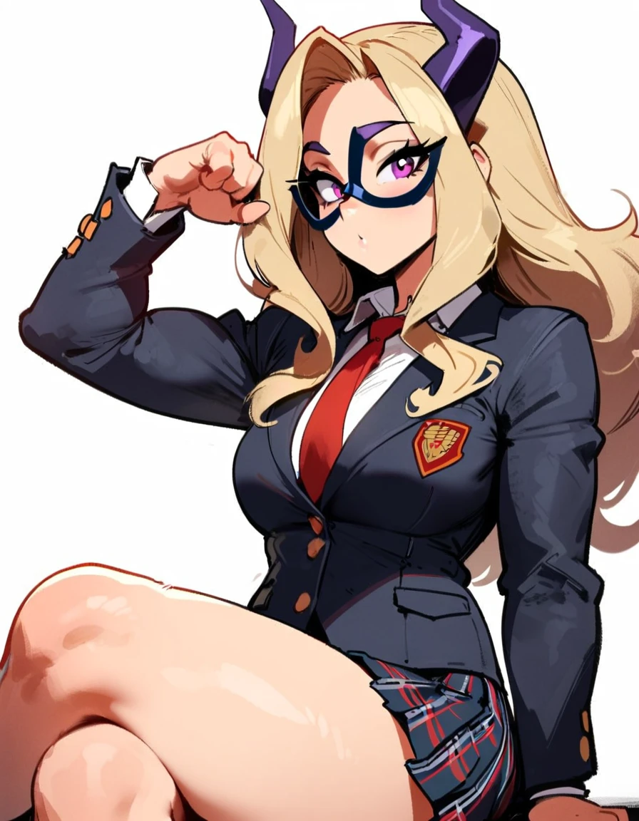 1girl, mount lady, boku no hero academia \\\\\ masterpiece, best quality, very aesthetic, absurdres, newest \\\\\\ sportive body,  \\\\\\  by dodok, nyantcha, cutesexyrobutts, by khyle ///// blonde, purple eyes,  (school uniform:1.2), skirt, , 24 years old, white background,tie,sit