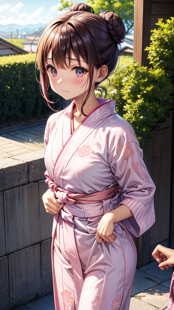 Earphones in ears,A bun is tied up,hair color brown,Yukata Pink