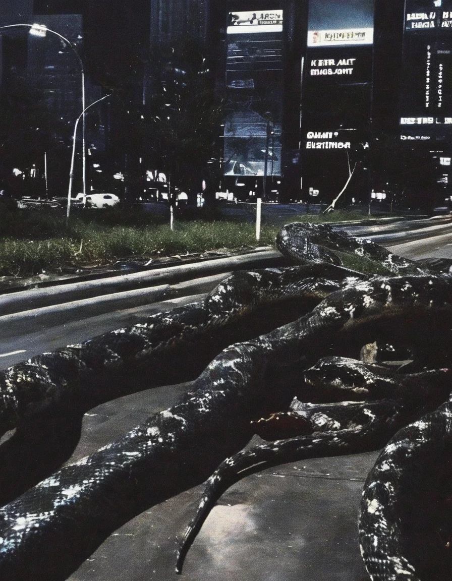 bangkok street at night with giant snakes