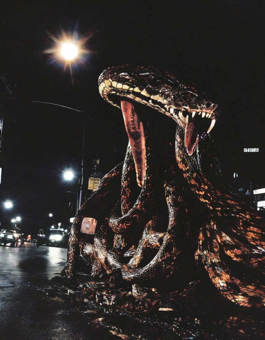 bangkok street at night with giant snakes