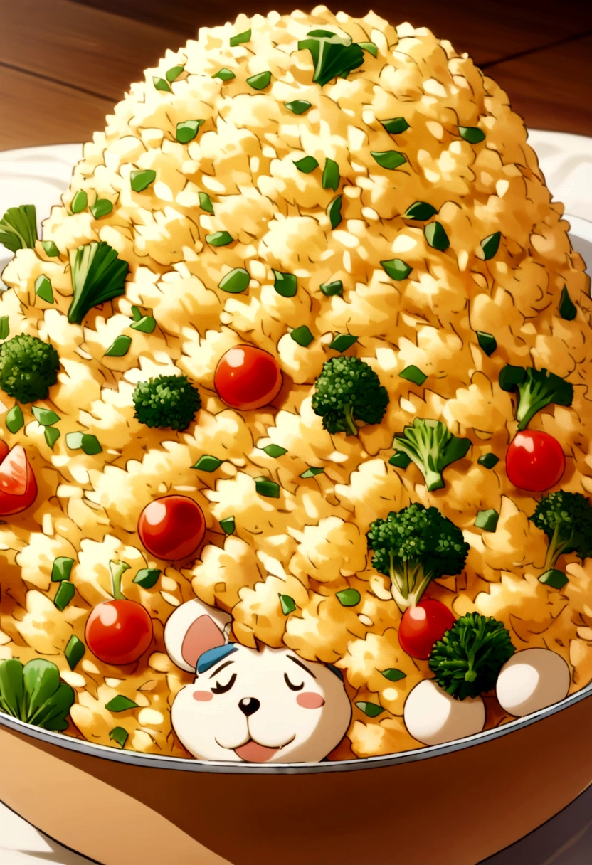 Ippo from anime "Hajime no Ippo" eating a bowl of fried rice and vegetables
