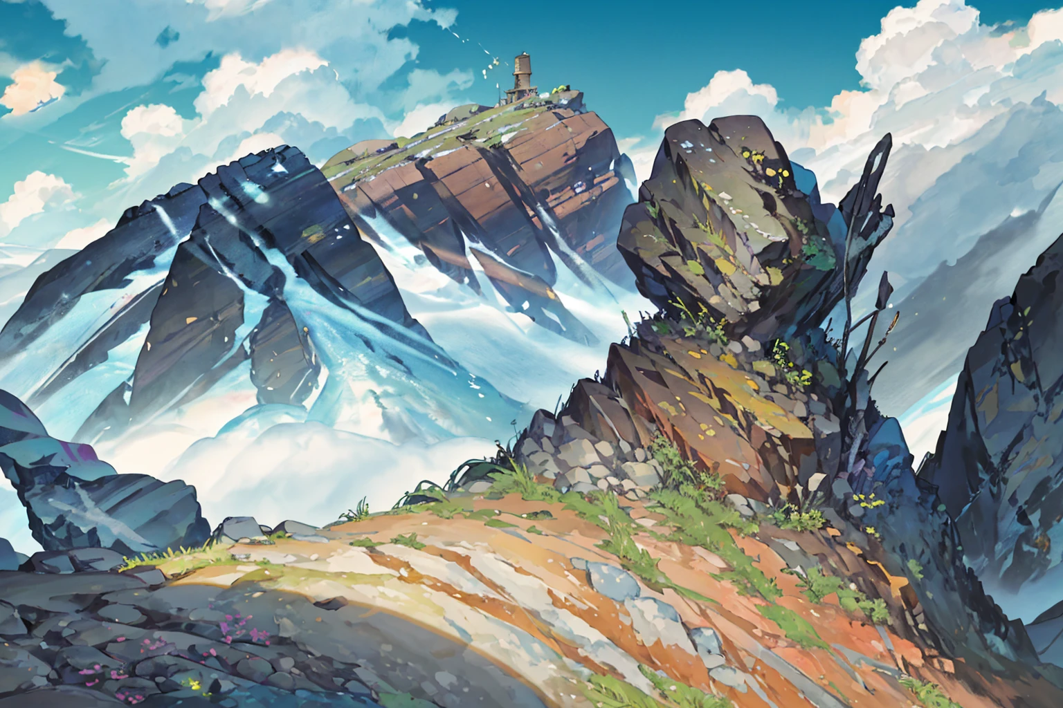 summer, rocky area, rock formation, (illustration : 1.0), Narrative composition, realistic lighting, HD detail, masterpiece, best quality best, (Highly detailed CG integrated 8k wallpaper), wide and flat rocky area, A small, sharp, rough rock at the top of the screen.