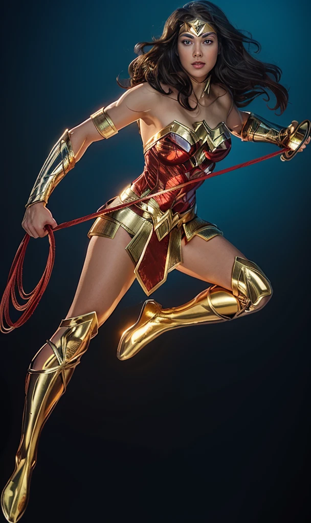 The character Wonder Woman flying in the skies,holding the golden and shiny rope, Holding your shiny golden bow, perfect costume, soft curves, bright blue eyes and gorgeous face beautiful face, beautiful mouth
