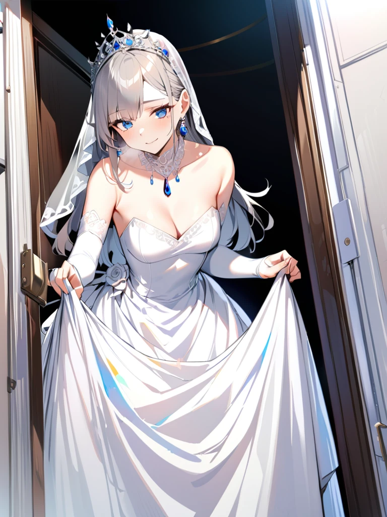 ((Best quality))), ((Ultra-detailed)), ((illustration)), ((Disheveled hair)), ((frilld)), (1 girl), (Solo),,1girl, solo, rating:safe, wedding, bare_shoulders, breasts, bridal_gauntlets, bridal_veil, cleavage, clothing, crown, curtsey, dress, drop_earrings, earrings, elbow_gloves, female, female_only, gloves, headdress, headwear, jewelry, layered_dress, long_hair, looking_at_viewer, necklace, skirt_hold, smile, standing, strapless, strapless_dress, tiara, veil, very_long_hair, white_dress, white_footwear, white_gloves
lexington \(warship girls r\),
gray hair,blue_eyes, 
gray hair,