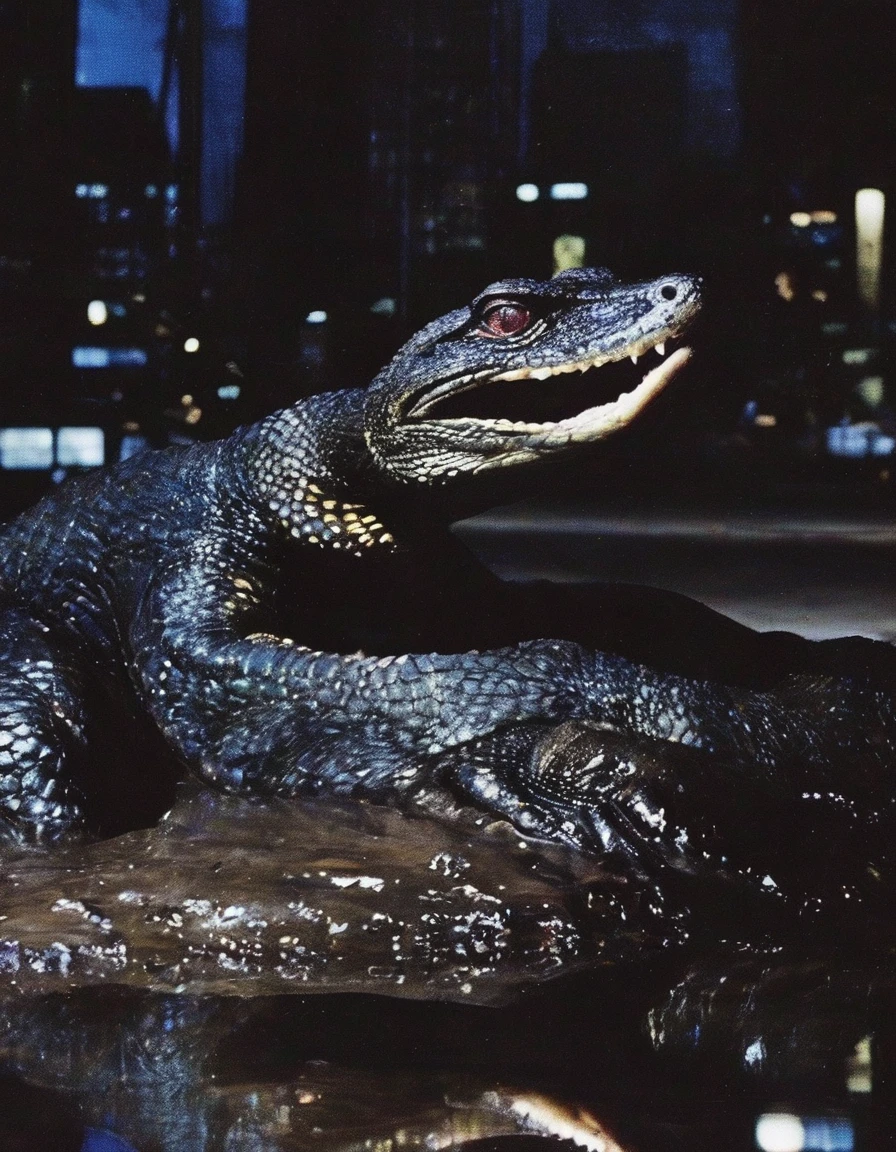 giant water monitor on bangkok streets at night