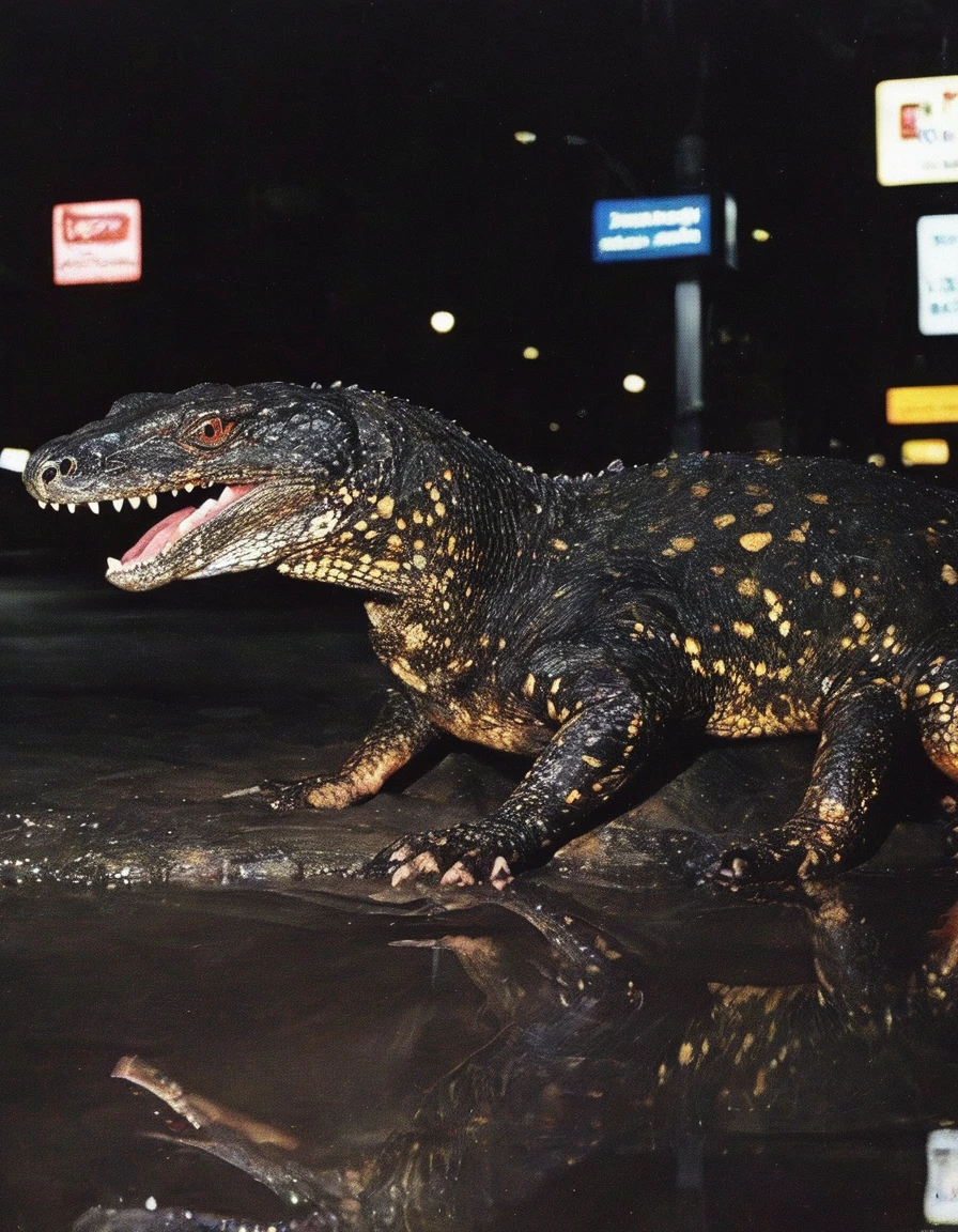 giant water monitor on bangkok streets at night