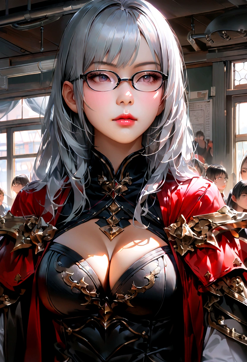 In the classroom,The teacher is lecturing the students,Gray-haired old teacher,Asian people,wears glasses,closeup cleavage,sharp focus on eyes,8K,super-fine,oil painted,Hyper-realistic,best qualtiy