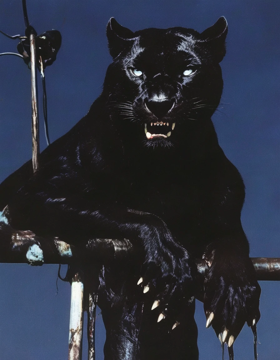 giant black panther sits on electric pole with many electric cables in bangkok at night