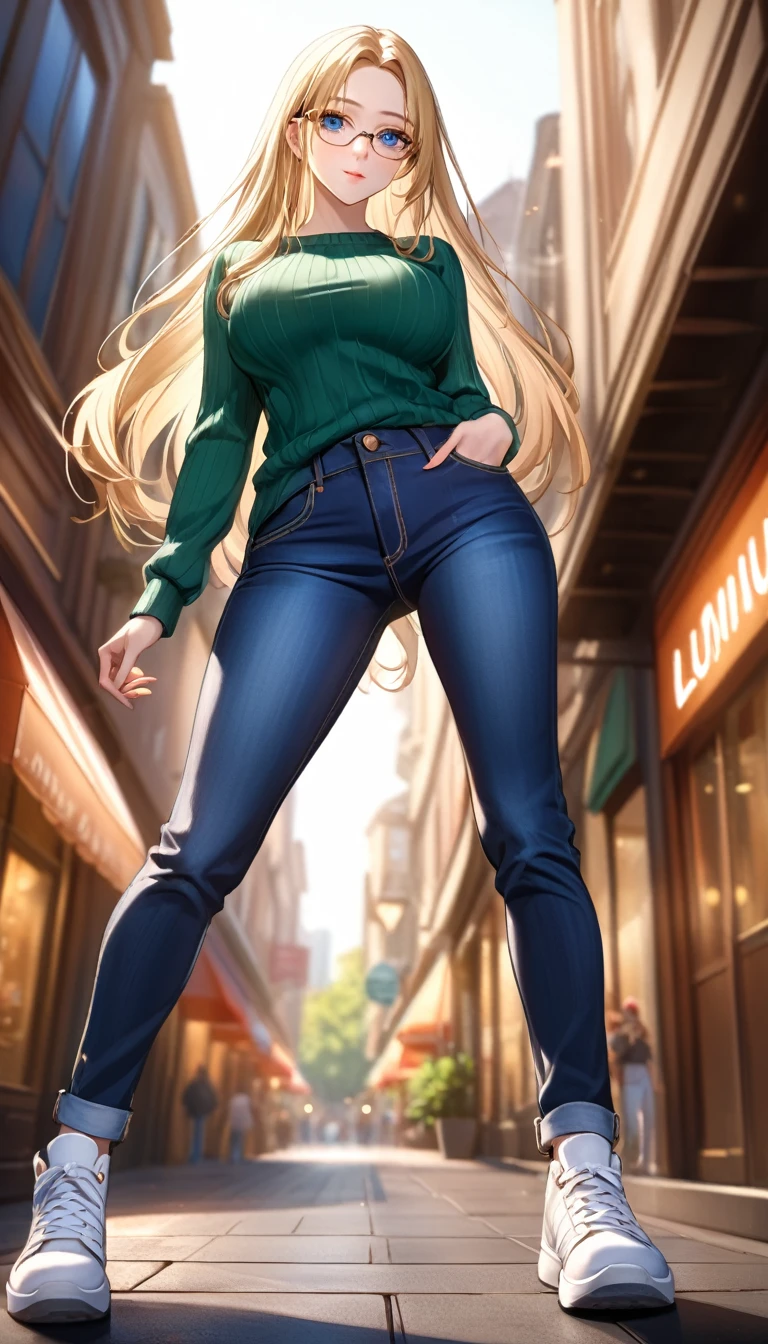 best quality, highres, 8k, masterpiece, immersive atmosphere, chiaroscuro:(1.5, bright light:1.2, luminous lighting), blurring, (background blur:1.5), 
(dynamic angle, seductive pose:1.2), outdoors, downtown, (legs focus, full body:1.5), delicate features, (beautiful face, beautiful eyes, beautiful legs), not safe for work, (opaque:1.5), high contrast, SDXL,
1girl, (25 years old:1.5), white skin, blue eyes, (reading glasses:1.2), blonde hair, straight hair, long hair, (forehead:1.2), bright lips, seductive smile, (slender figure:1.1), (green sweater:1.2), large breast, hard nipples, (jeans pants:1.4, blue jeans:1.4, skinny jeans:1.2), (white sneakers:1.2),
