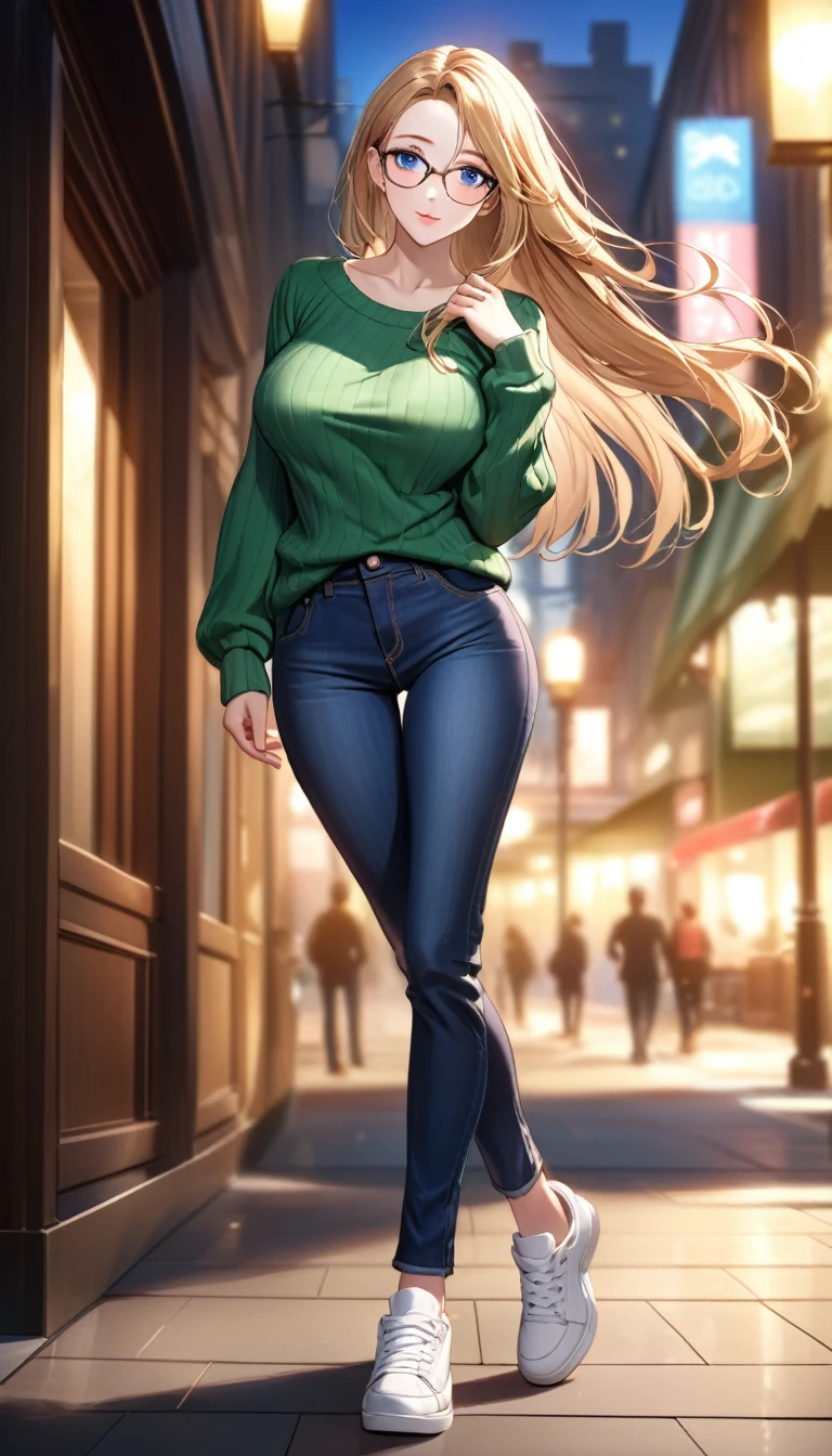 best quality, highres, 8k, masterpiece, immersive atmosphere, chiaroscuro:(1.5, bright light:1.2, luminous lighting), blurring, (background blur:1.5), 
(dynamic angle, seductive pose:1.2), outdoors, downtown, (legs focus, full body:1.5), delicate features, (beautiful face, beautiful eyes, beautiful legs), not safe for work, (opaque:1.5), high contrast, SDXL,
1girl, (25 years old:1.5), white skin, blue eyes, (reading glasses:1.2), blonde hair, straight hair, long hair, (forehead:1.2), bright lips, seductive smile, (slender figure:1.1), (green sweater:1.2), large breast, hard nipples, (jeans pants:1.4, blue jeans:1.4, skinny jeans:1.2), (white sneakers:1.2),