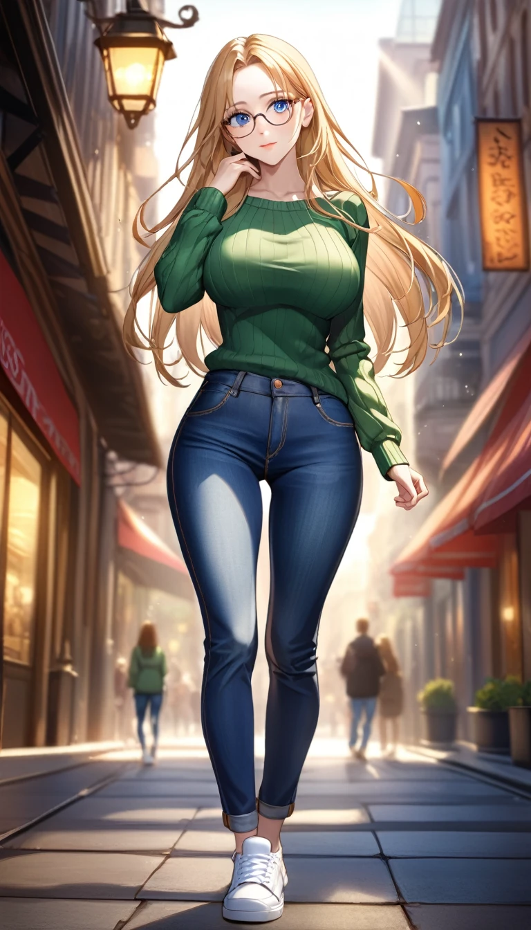 best quality, highres, 8k, masterpiece, immersive atmosphere, chiaroscuro:(1.5, bright light:1.2, luminous lighting), blurring, (background blur:1.5),
(dynamic angle, seductive pose:1.2), outdoors, downtown, (legs focus, full body:1.5), delicate features, (beautiful face, beautiful eyes, beautiful legs), not safe for work, (opaque:1.5), high contrast, SDXL,
1girl, (25 years old:1.5), white skin, blue eyes, (reading glasses:1.2), blonde hair, straight hair, long hair, (forehead:1.2), bright lips, seductive smile, (slender figure:1.1), (green sweater:1.2), large breast, hard nipples, (jeans pants:1.4, blue jeans:1.4, skinny jeans:1.2), (white sneakers:1.2),