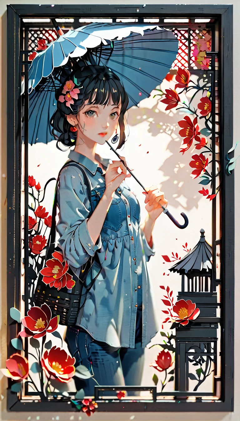 (((paper cutting style))), (frame of illustration is 3D paper cutting: 1.2), (denim and shirts), (black medium hair), (random angle), (random pose), 1 girl, umbrella, flower