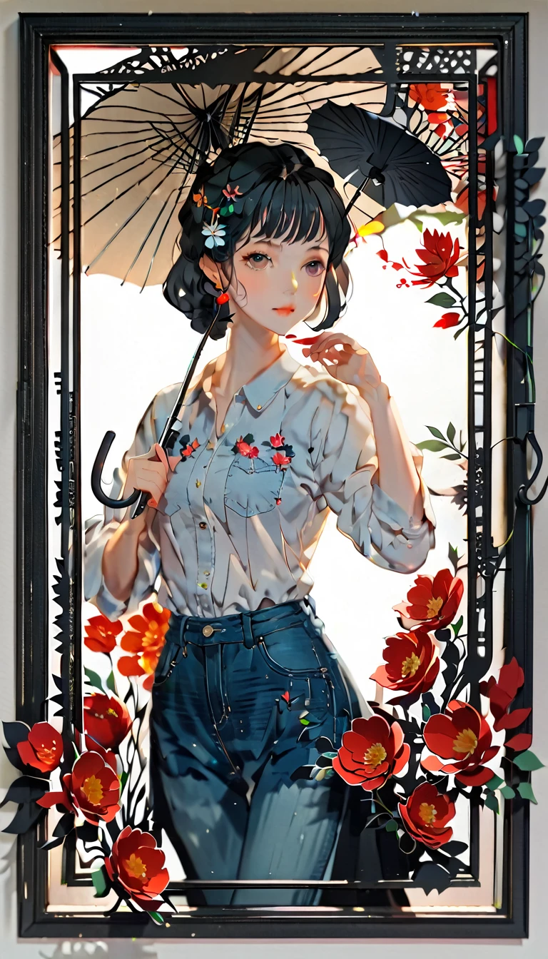 (((paper cutting style))), (frame of illustration is 3D paper cutting: 1.2), (denim and shirts), (black medium hair), (random angle), (random pose), 1 girl, umbrella, flower