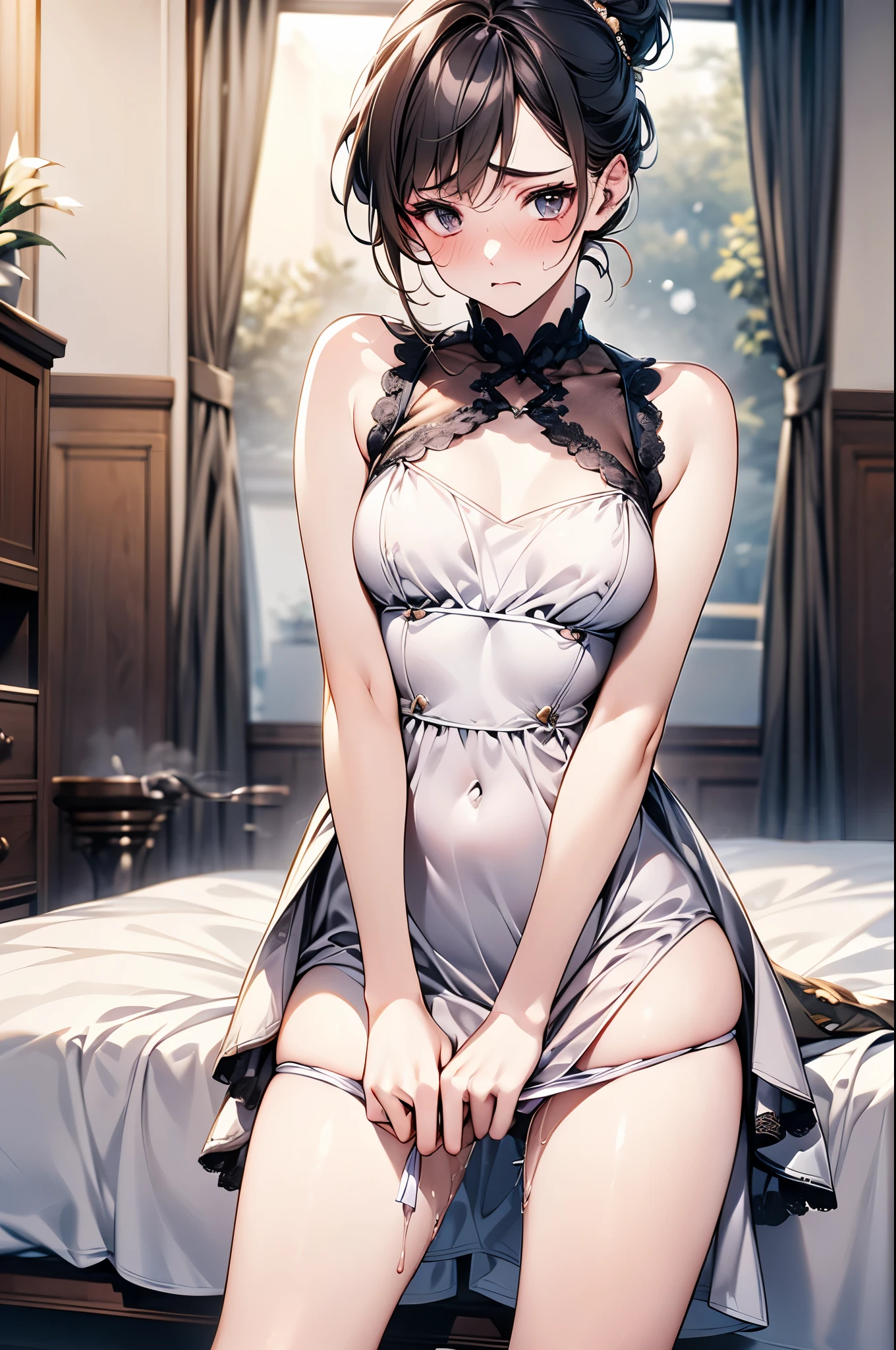 (1 person、alone:1.1), Beautiful woman, (Anatomically perfect body, Slender、(Tunic, lace top, Casual Dresses)、 (looking at viewer)、22 years old、(Highest quality)、Black Hair, (half updo:1.2), bedroom、(8K, High resolution)、(shy:1.4)、small breast, Thin legs、Small Ass、(steam:1.1), (embarrassed:1.3), High heels、High definition beautiful face、wide shot、(Pussy juice:1.1), (extra detailed panty), Bend your knees
