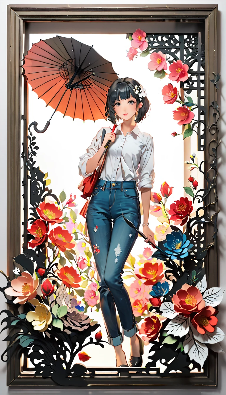 (((paper cutting style))), (frame of illustration is 3D paper cutting: 1.2), (denim and shirts), (black medium hair), (random angle), (random pose), 1 girl, umbrella, flower