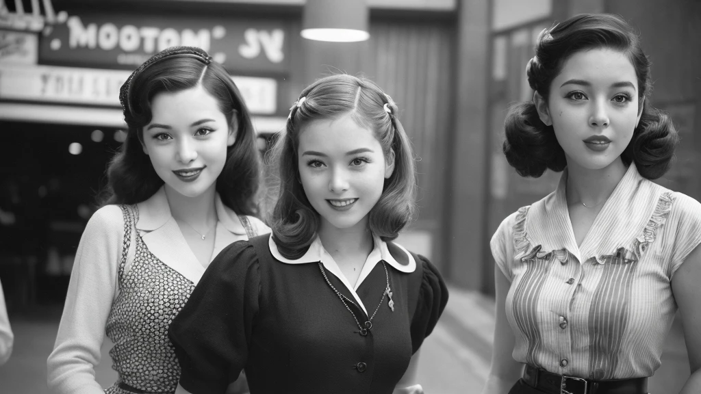 (1940s girl:1.3), (1girl:1.3), smile shyly, (highly detailed face), (extremely detailed beautiful face), (Early Showa hairstyle, retro hairstyle, 1940 fashionable clothing, oldies fashion:1.3), (Best Quality:1.4), (Ultra-detailed), extremely detailed CG unified 8k wallpaper, Realistic portrait, Beautiful detailed, High-definition raw color photos, professional photography, (fine face:1.2), focus on women, (oldies, oldies songs, Old photos, retro photos, sepia photos, black and white photos, valuable photos that give you a sense of the times), A scene from a retro movie from the 1940s,