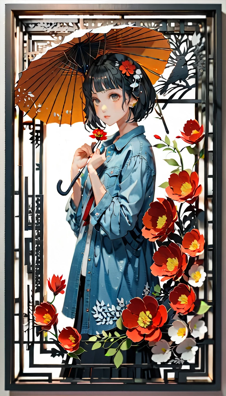 (((paper cutting style))), (frame of illustration is 3D paper cutting: 1.2), (denim and shirts), (black medium hair), (random angle), (random pose), 1 girl, umbrella, flower