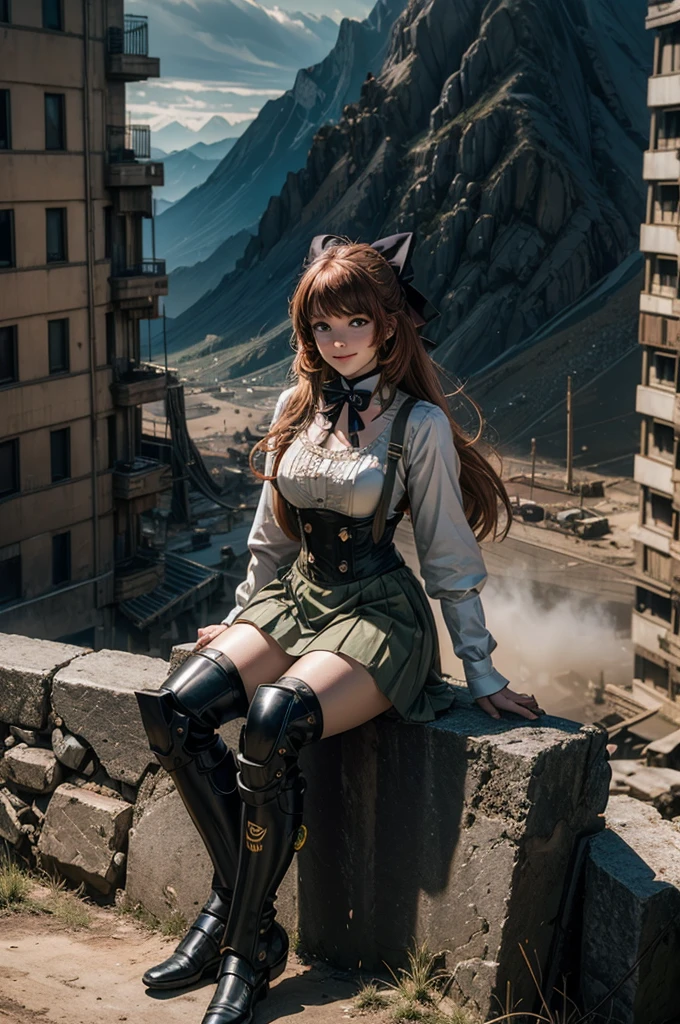 cowboy shot,  smile,  underbust, Penny Polendina, long hair, neck ribbon, suspender skirt, corset, black bow, white blouse, mechanical legs, neon trim, sitting in city ruins on hill, in valley, BREAK mountains in background, waterfall, crowd, (crowd in military uniform), bonfires, post-apocalypse, dystopian future, (volumetric lighting), intricate details, tonemapping, sharp focus, hyper detailed, 

