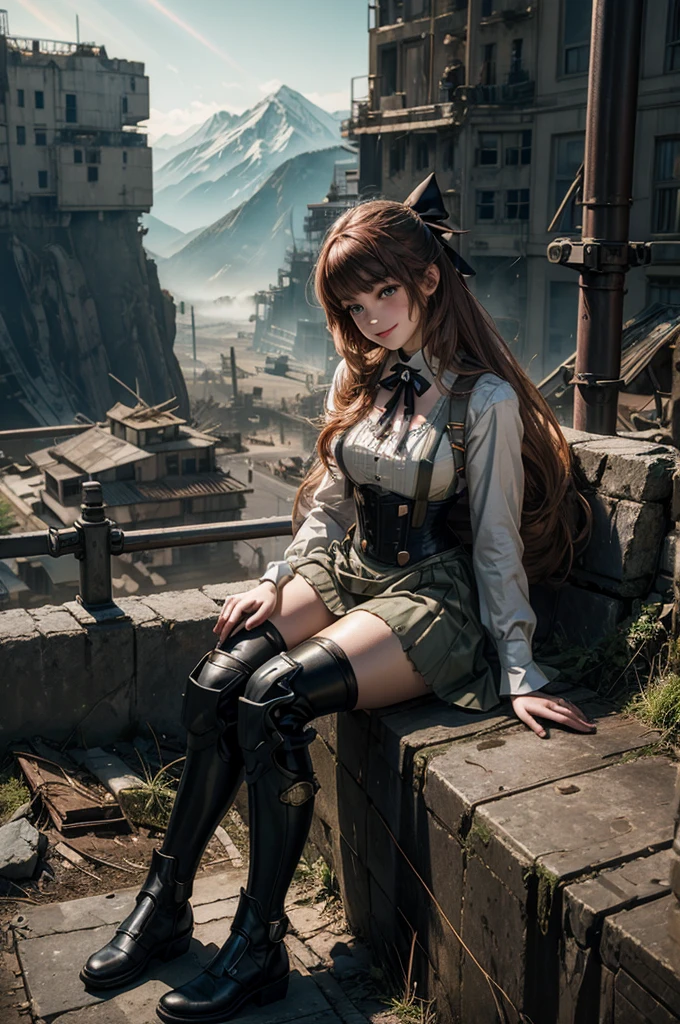 cowboy shot, smile, underbust, Penny Polendina, long hair, neck ribbon, suspender skirt, corset, black bow, white blouse, mechanical legs, neon trim, sitting in city ruins on hill, in valley, BREAK mountains in background, waterfall, crowd, (crowd in military uniform), bonfires, post-apocalypse, dystopian future, (volumetric lighting), intricate details, tonemapping, sharp focus, hyper detailed,