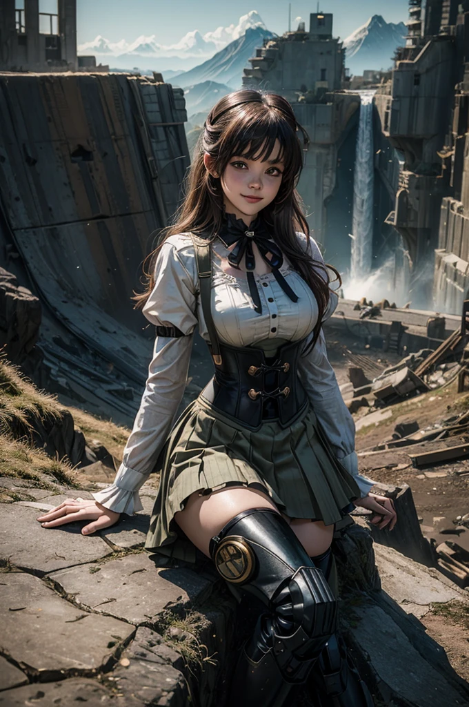 cowboy shot, smile, underbust, Penny Polendina, long hair, neck ribbon, suspender skirt, corset, black bow, white blouse, mechanical legs, neon trim, sitting in city ruins on hill, in valley, BREAK mountains in background, waterfall, crowd, (crowd in military uniform), bonfires, post-apocalypse, dystopian future, (volumetric lighting), intricate details, tonemapping, sharp focus, hyper detailed,
