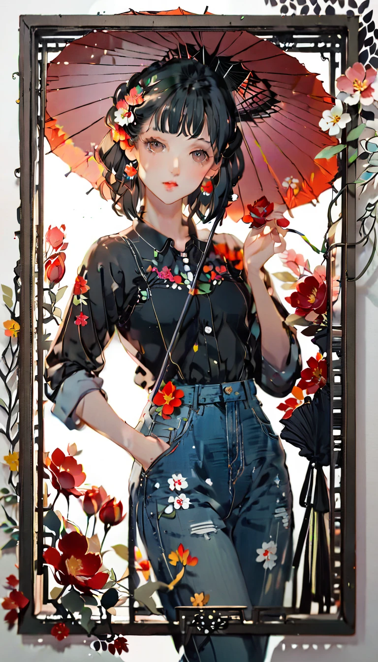 (((paper cutting style))), (frame of illustration is 3D paper cutting: 1.2), (denim and shirts), (black medium hair), (random angle), (random pose), 1 girl, umbrella, flower
