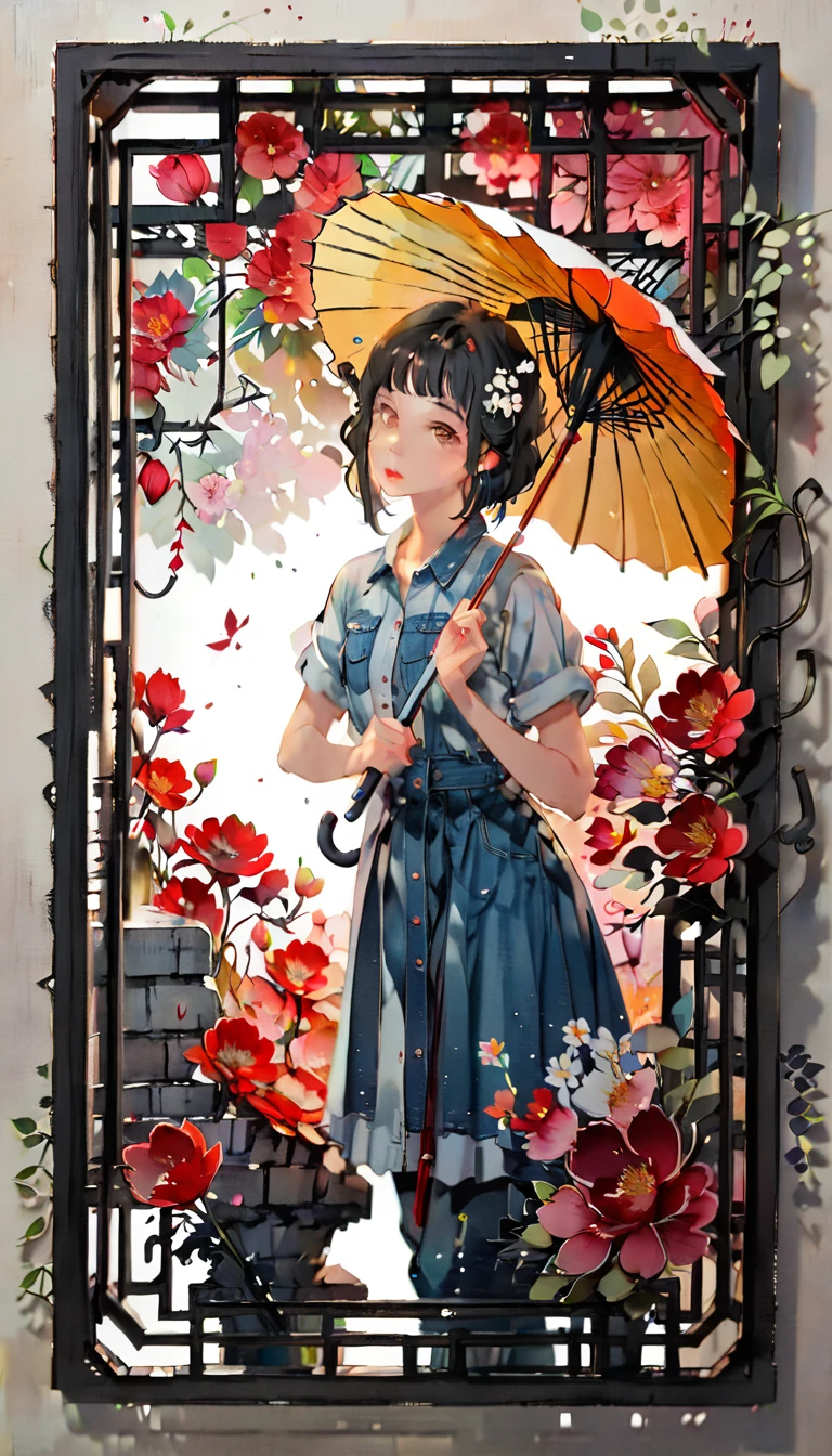 (((paper cutting style))), (frame of illustration is 3D paper cutting: 1.2), (denim and shirts), (black medium hair), (random angle), (random pose), 1 girl, umbrella, flower
