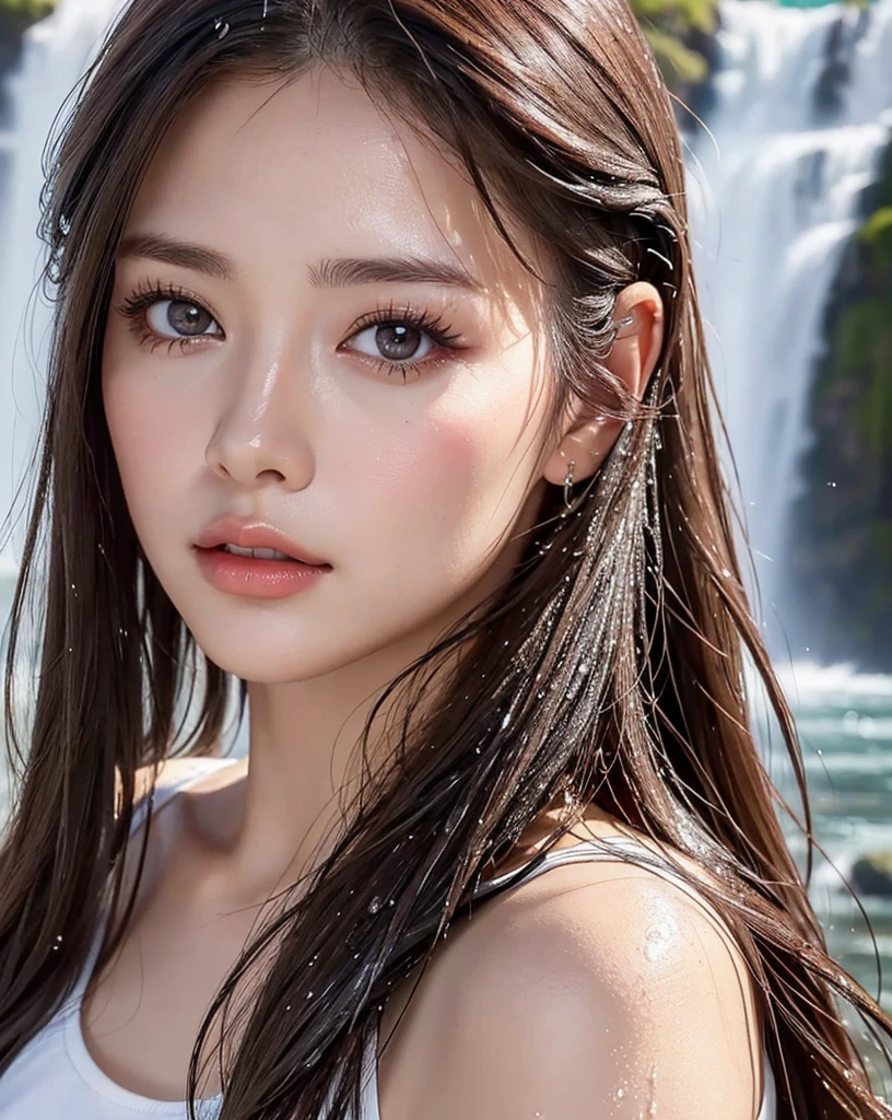 Close-up Mi Joon, brown hair, bathing in a waterfall. Perfect skin. Blue eyes, raw photo, wet hair. Real skin. Sexy look. Natural light. Very detailed face. Photorealistic, hyperdetailed, high quality, 8k