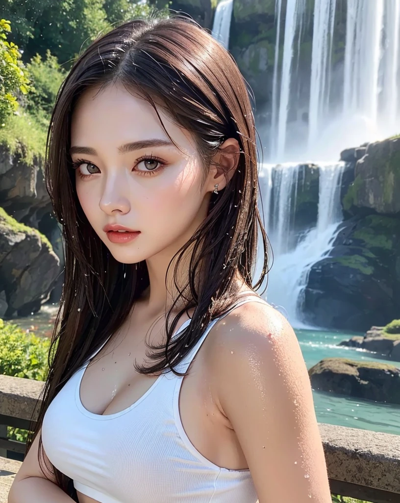 (Best quality, 4k, Masterpiece :1.3), pretty woman, 1girl, sexy :1.1, dark brown hair: 1.1, (waterfall, wet body :1.2), white tank tops, ultra-detailed face, detailed lips, detailed eyes, double eyelid