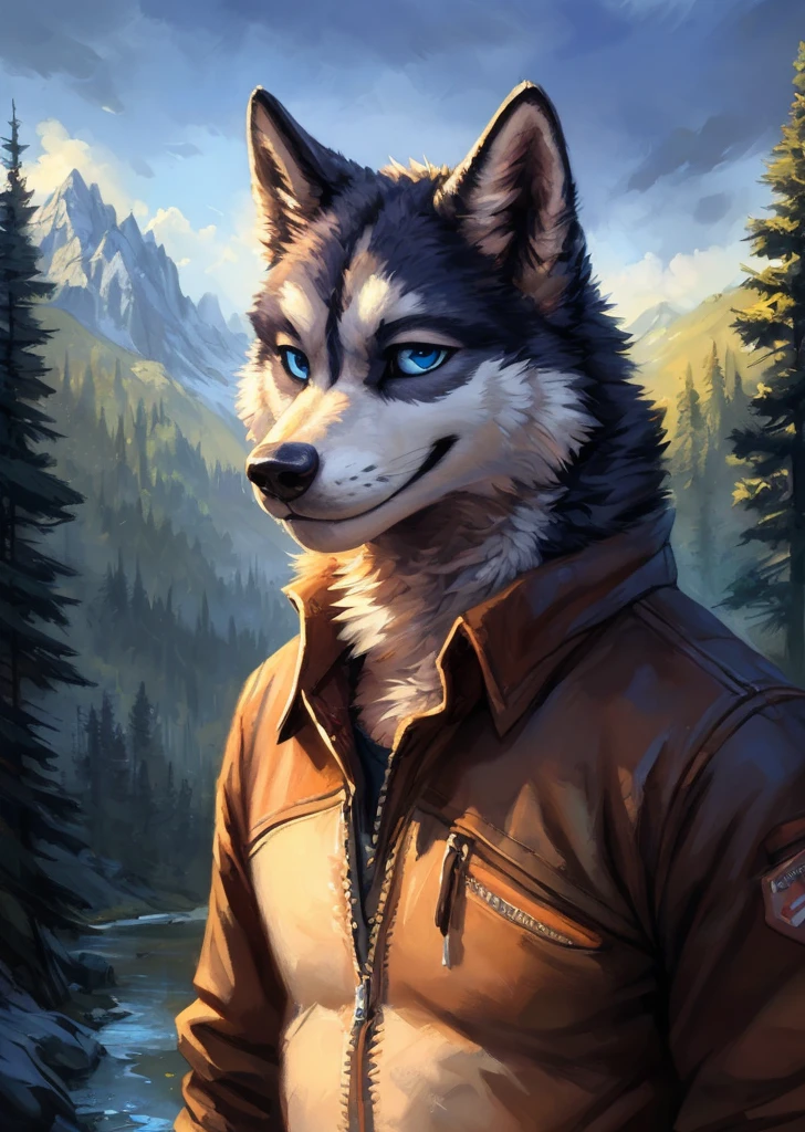 a beautiful and detailed portrait of a male anthro husky, kenket, Ross Tran,ruan jia, trending on artstation,foxovh, cenematic lighting, pink panties,(((confident, seductive))) smile Forest, mountains, clouds, distant river, blue eyes, grey and white fur