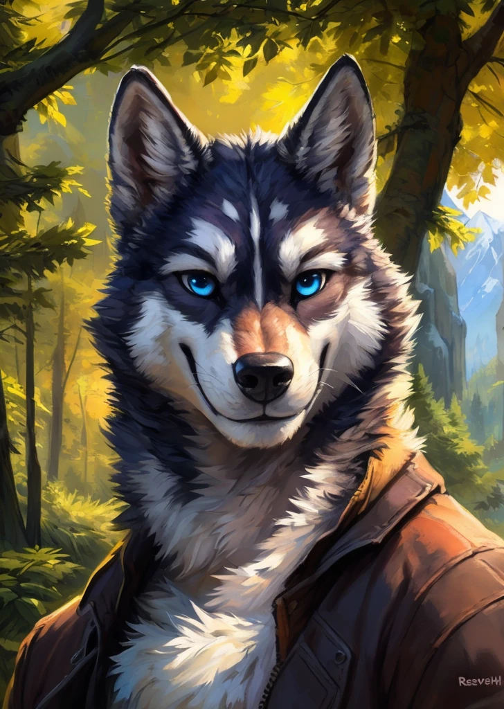 a beautiful and detailed portrait of a male anthro husky, kenket, Ross Tran,ruan jia, trending on artstation,foxovh, cenematic lighting, pink panties,(((confident, seductive))) smile Forest, mountains, clouds, distant river, blue eyes, grey and white fur