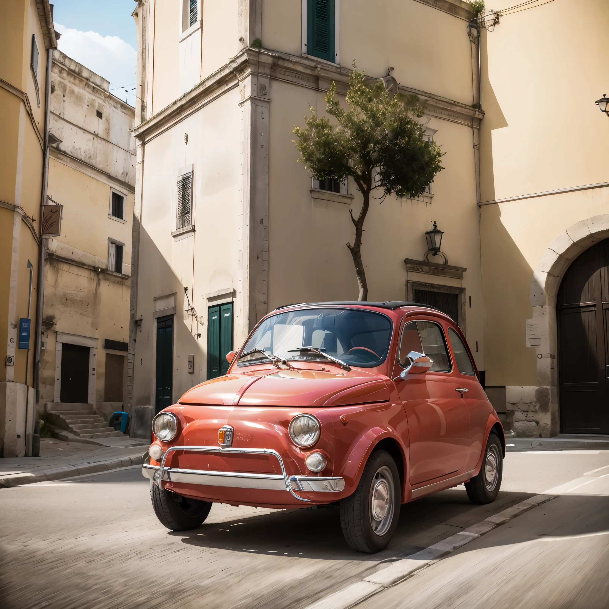 (FIAT500, classical old Italian Fiat 500 car, sassi_di_matera), a small fucsia car. The old Fiat 500 that runs through the alleys of the Sassi of Matera. Photorealistic shot giving the motion blur of speed.