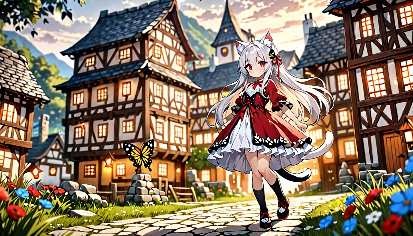 1 girl, masterpiece, best quality, Amazing, beautiful detailed eyes, finely detailed, depth of field, extremely detailed CG unity 8k wallpaper, full body, white hair, cat girl, loli, ghotic dress, red ribbon, (animal ears, cat ears, cat tail), village, red eyes, long hair, very long hair, (ultra-detailed),(detailed light), hair ornament.
Butterfly