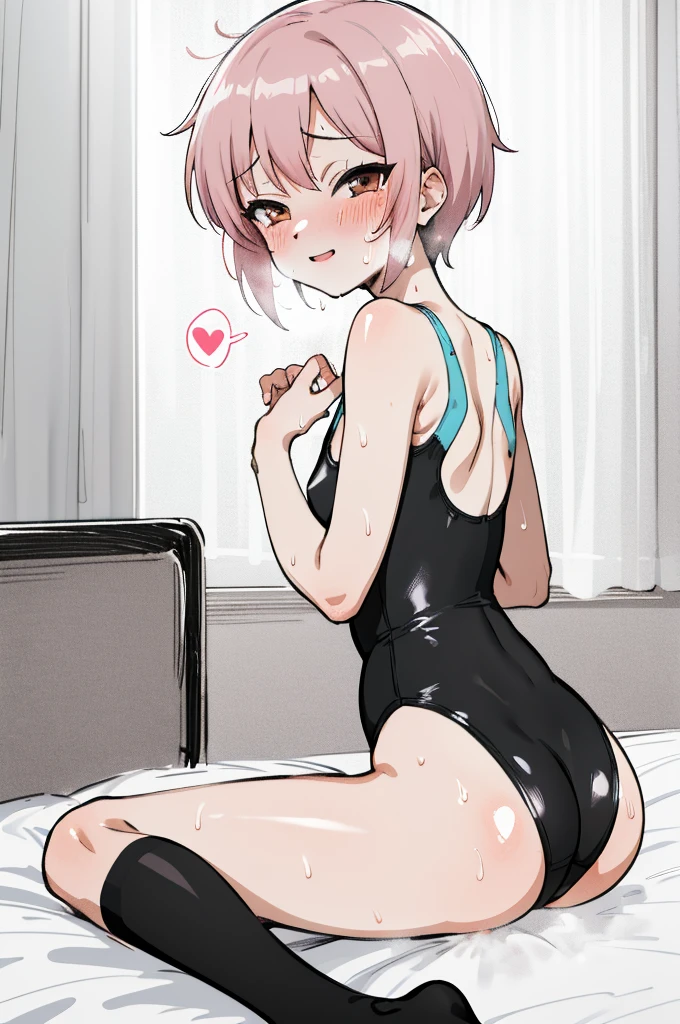 masterpiece, best quality, highres, ny1,,looking viewer,,spoken heart,,(petite), ,swimsuits,leotard,socks,expressionless,my room,(((Sweating,blush))),on bed,nsfw,ass,from back