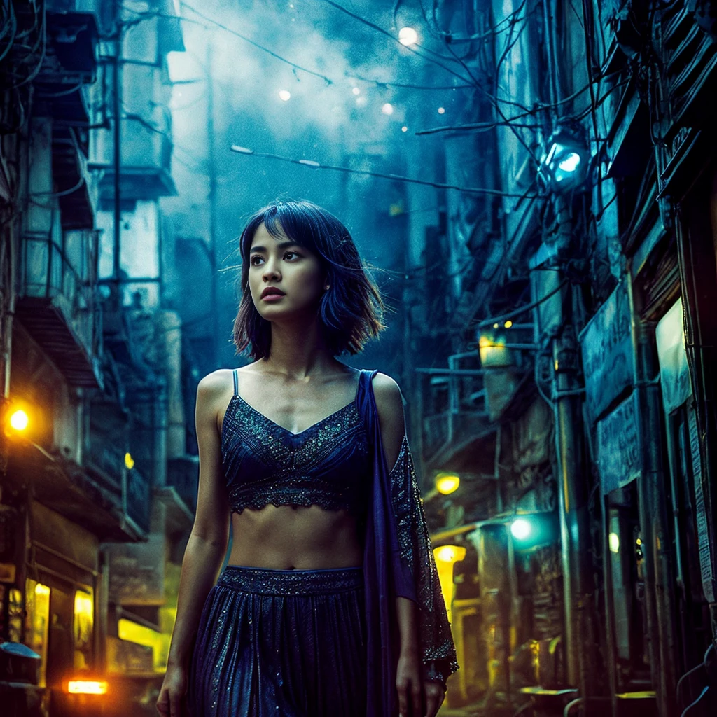 
 Use a palette of deep blues and purples for the shadows and despair, transitioning to vibrant golds and oranges to symbolize hope and strength. Centralize the image of a young girl standing tall with a fierce, determined expression, surrounded by a soft, glowing light. The background should depict a forgotten street, transitioning from a dark, abandoned area to a bright, hopeful horizon. Incorporate subtle, symbolic elements like a phoenix rising or a small, flickering flame that grows in intensity around her. Ensure the art style is both realistic and slightly fantastical to evoke a sense of triumph and resilience.
。 High resolution, masterpiece, Highest quality, Intricate details, Very detailed, Clear focus, Delicate skin, practical skin texture, texture, Delicate eyes, Professional, 4K, Shot with Canon, 85mm, Shallow and deep,  Kodak Vision Color, Exactly, Very detailed, photograph_\(Extremist\), photographpractical, practical, Post-processing, Maximum details, Roughness, Real Life, Extremist practical, Photorealism, photographgraphy, 8K Ultra HD, photographgraphy