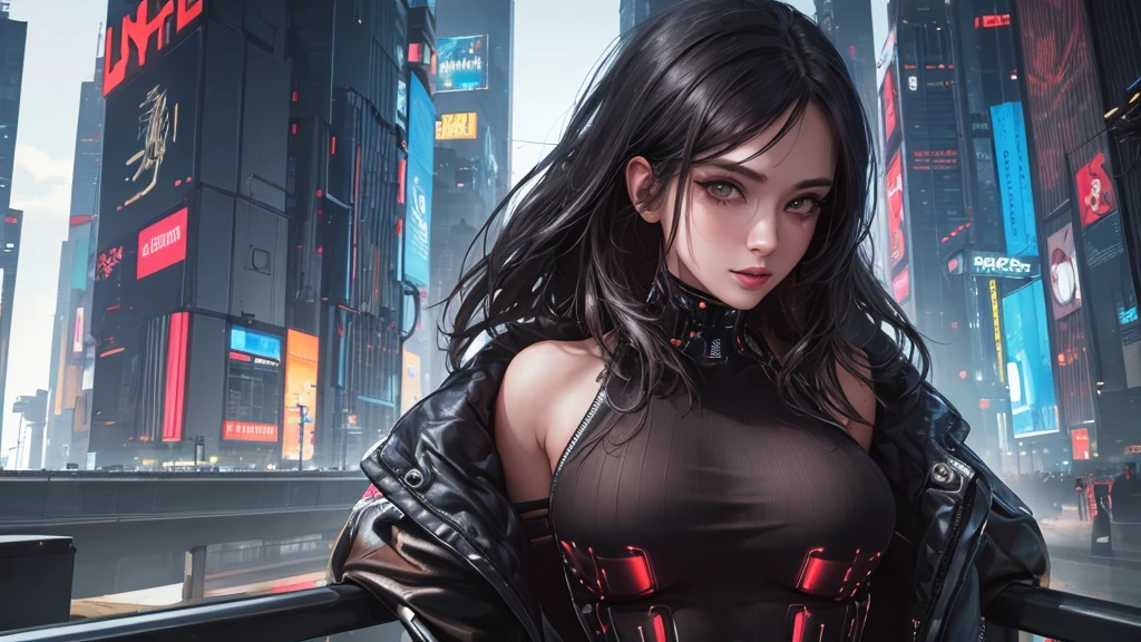 (masterpiece), (best quality), (very detailed), (1 person), (cyberpunk), future city background, detailed eyes, Detailed nose, Detailed lips, perfect face, perfect body, revealing clothing, (((whole body))), placed on the left