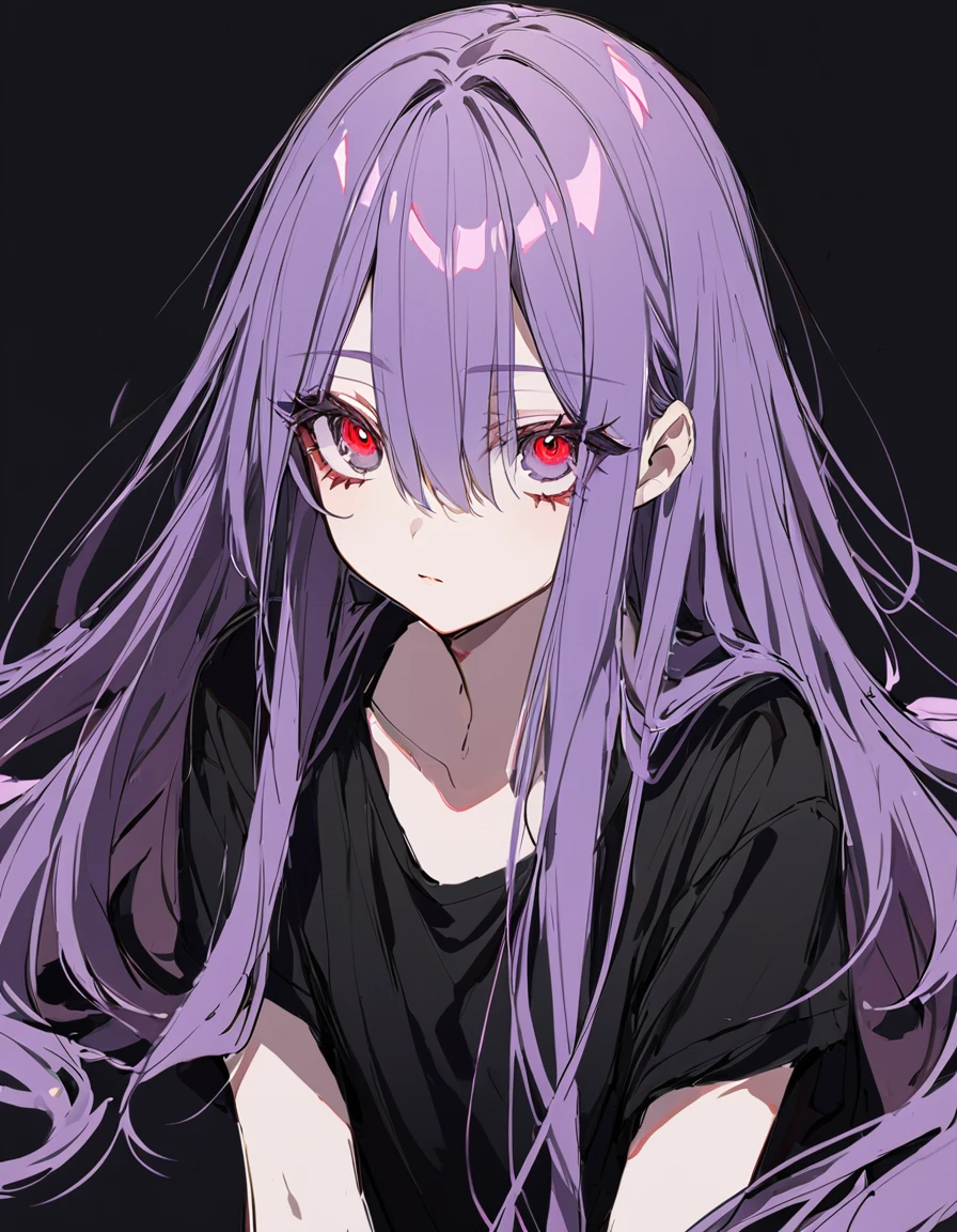 Girl falls to the ground(Sketches) ,Pale red eyes(Big Eyes:1.2), ,Long purple hair(Semi-long hair:1.4)(eye shadow:1.3)(Eyelashes:1.2)(Black Background)