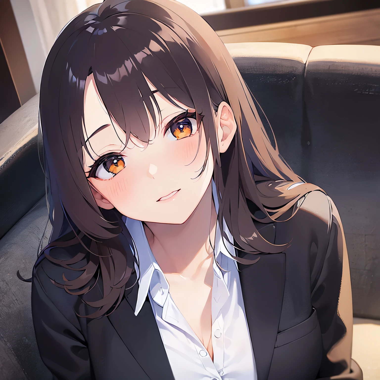 (head tilt:1.5),Shooting from above、BREAK half closed eyes BREAK,Looking up、Realistic, real person, (pale skin: 1.2), upper body, RAW photo, photorealistic, shiny skin, shiny hair、(A 35-year-old woman with medium-length hair and bangs) and (wavy hair) and (brown hair) and (Orange Eyes) ,(Wearing a business suit:1.5) and (Wearing a white collared shirt) 、(Cleavage:1.5)、smile,(blush:1.5), The background is the living room at night、Alone、sofa、Wearing a black jacket、