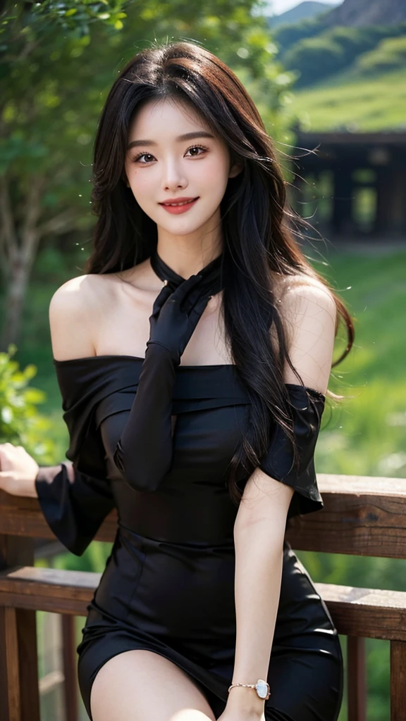 A sweet girl by the moutain，voluminous hair，Delicate face，Photorealsitic，of a real，largeaperture，wears a black dress，A cropped dress，Off-the-shoulder，A dress around the neck，Slim，smiles，Ultra-high resolution, Blurred background