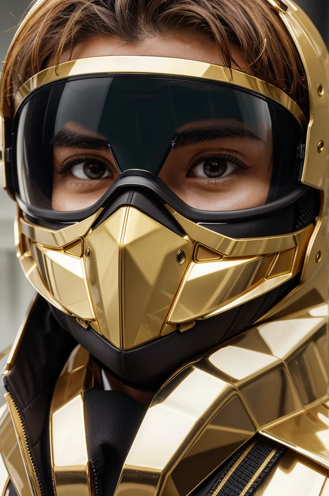Create a medium size image of men wearing a full face covering polycarbonate mask with golden detailing on it with strong body and Messy hairs